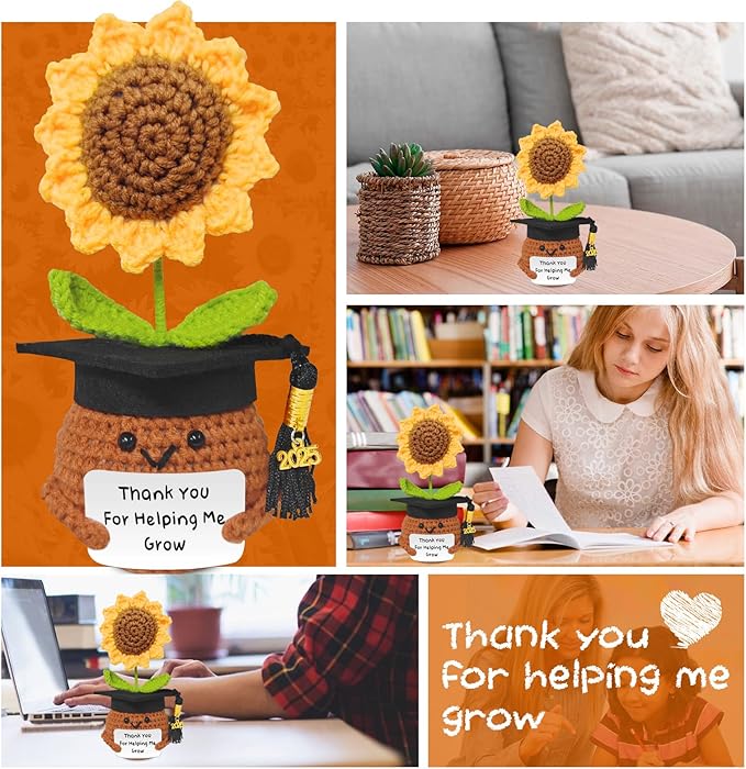 Teacher Appreciation Gifts, Handmade Crochet Sunflower Teacher Gifts, Thank You for Helping Me Grow, Daycare Teacher Appreciation Gifts for Women Men, End of Year Graduation Teacher Gifts (6)