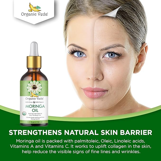 Organic Veda Moringa Oil Virgin 100% Pure & USDA Organic - Multi Purpose, Face, Hair & Skin, Nails, Fast Absorbing, Moisturizing & Beautifying - The Miracle Tree Moringa Oleifera Seed Oil, 1.7 fl.oz