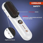 Cordless Straightener Brush, Portable Mini Hair Straightening Brush for Travel, Rechargeable 9000 mAh USB-C, Lightweight Anti-Scald Heated Styling Tools & Appliances (White)