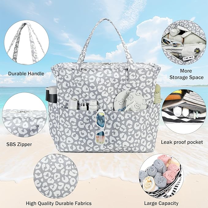 LEDAOU Large Beach Tote Bag Women Waterproof Sandproof Zipper Beach Tote Bag - Image 3