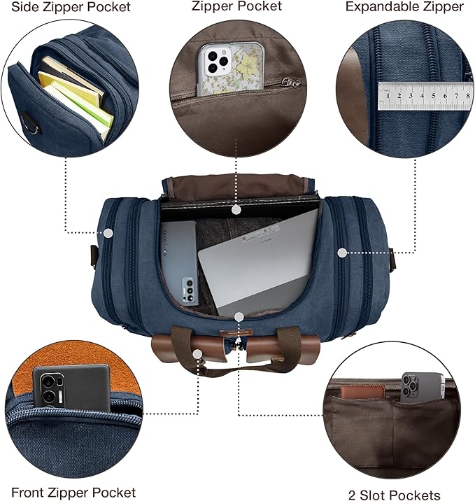 Wildroad 50L Travel Duffel Bag, Expandable Canvas Genuine Leather Duffle Bag - Image 3