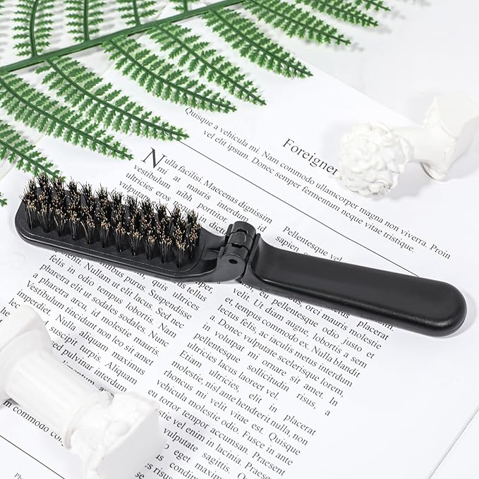 2 Pcs Travel Folding Boar Bristles Hair Brush, Collapsable Pocket Anti-Static Range Mini Beard and Hair Styling Tool for Women and Men (Black)