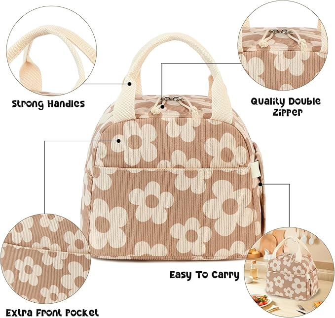 Bluboon Lunch Bag for Women Men Cute Corduroy Lunch Tote Bags Reusable - Image 4