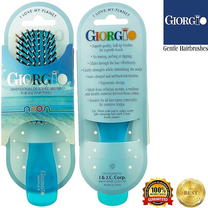Giorgio GION2B Neon Blue 6.25 inch Gentle Touch Detangler Hair Brush for Men Women and Kids. Soft Bristles for Sensitive Scalp. Wet & Dry for all Hair Types. Scalp Massager Brush Stimulate Hair Growth