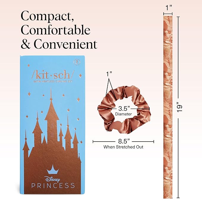 Disney & Kitsch Satin Heatless Curlers Set – Heatless Curls Overnight, with Comfortable No Heat Hair Curlers to Sleep In and 2 Satin Scrunchies for Frizz-Free & Non-Damage Styling - Princess Party