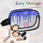Personalized Clear Makeup Bag with Name, Best Friends Teen Women Mom Birthday Gift Transparent PVC Toiletry Travel Bag for Toiletries, Shiny Bling Royal Blue Fluid Shape Glittery