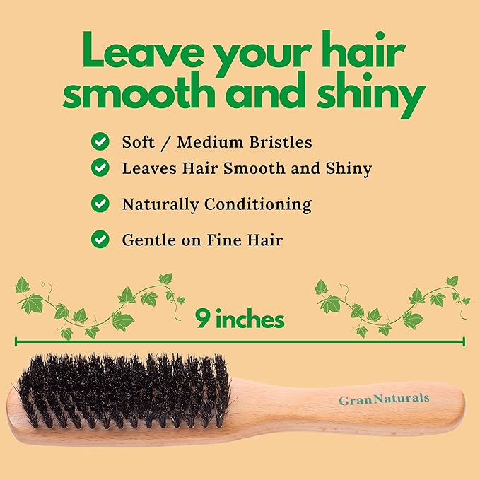 GranNaturals Boar Bristle Slick Back Hair Brush - Soft/Medium Smoothing Hairbrush to Style, Polish, & Lay Hair Down Flat to Create a Sleek Frizz Free Hairstyle for Women and Men - Wooden Handle