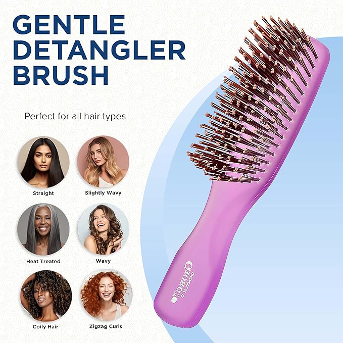 Giorgio GION2PP Neon Purple 6.25 inch Gentle Touch Detangler Hair Brush for Men and Women. Soft Bristles for Sensitive Scalp. Wet and Dry for all Hair Types. Scalp Massager Brush Stimulate Hair Growth