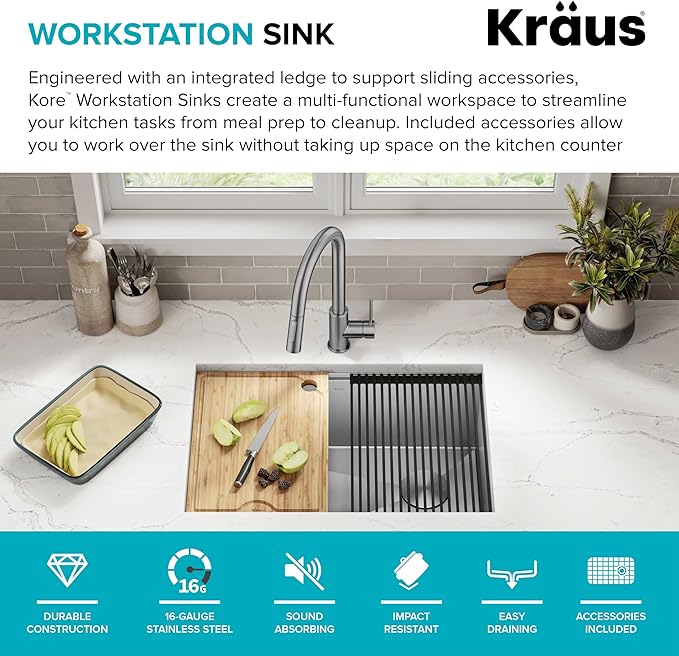 KRAUS Kore 28-Inch Undermount Workstation 16 Gauge Single Bowl Stainless Steel - Image 3