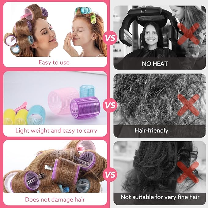 4 Sizes Self-Grip Hair Rollers Set - 50 Pcs with Clips in 4 Colors, Jumbo Rollers for Long, Short Hair and Bangs (25mm, 36mm, 48mm, 60mm)