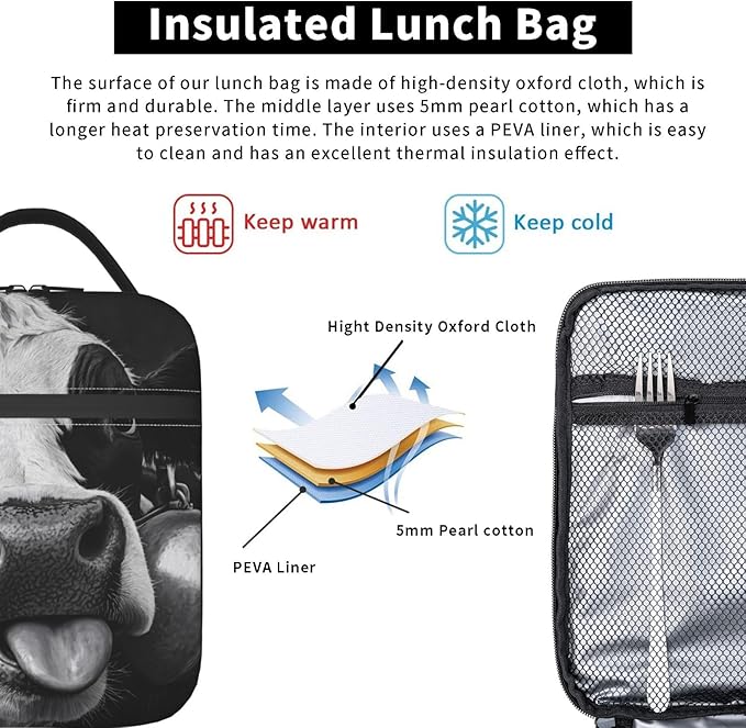 Cow Insulated Lunch Box for Women Men Cow Lunch Bag for Travel, or Fishing - Image 5