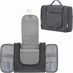 Hanging Toiletry Bag for Men, Travel Makeup with Metal Swivel Hook, Organizer for Full Sized Cosmetics and Toiletries, Water-Resistant Nylon, Grey