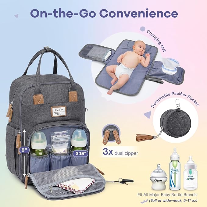RUVALINO Diaper Bag Backpack, Large Capacity, Waterproof, Dark Gray - Image 4