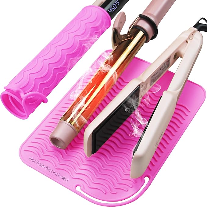 Heysam Silicone Heat Resistant Mat for Flat Iron Hair Straightener Pad, Travel Portable Curling Iron Pad, Non-Slip Vanity Mat for Hair Tools, Size 9"x6.5", Rose Red