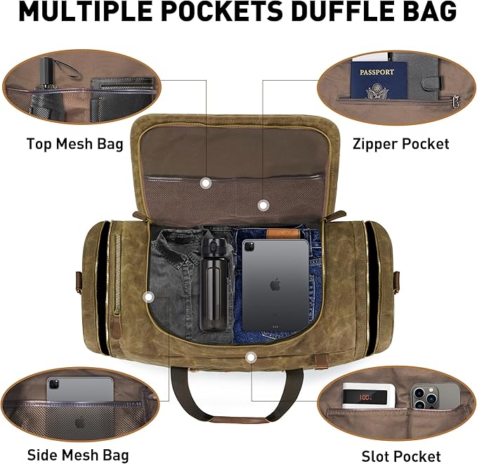60L Travel Bags for Men, Nomad Washed Canvas Duffle Bag Vintage Genuine Leather - Image 4