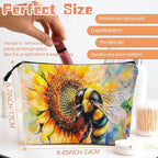 Cosmetic Bags Travel Makeup Toilet Case Waterproof Pouch for Women Girls 6.7X9.45inches - Bee on A Sunflower in Watercolor Painting