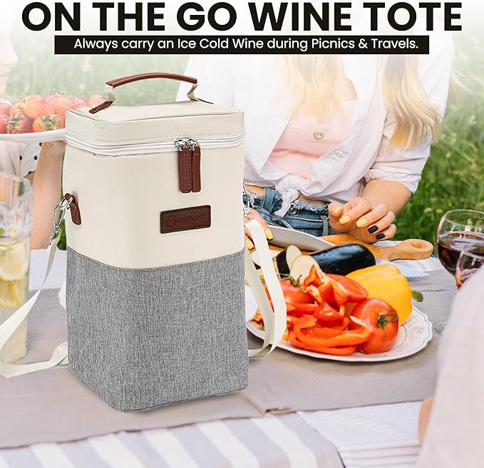 Insulated Wine Bag Cooler – Beige and Gray, Holds 4 Bottles, Wine Opener - Image 4