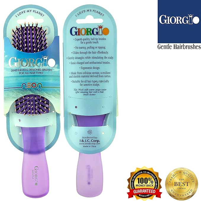 Giorgio GION1-2PP Neon Purple Set of 2 Gentle Touch Detangler Hair Brush for Men and Women. Soft Bristles for Sensitive Scalp. Wet/Dry for all Hair Types. Scalp Massager Brush Stimulate Hair Growth
