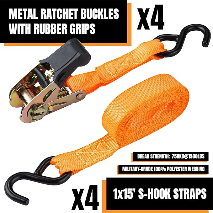 Cartman 1" x 15' Ratchet Tie Down up to 1500lbs 4pk in Carry Bag, - Image 2
