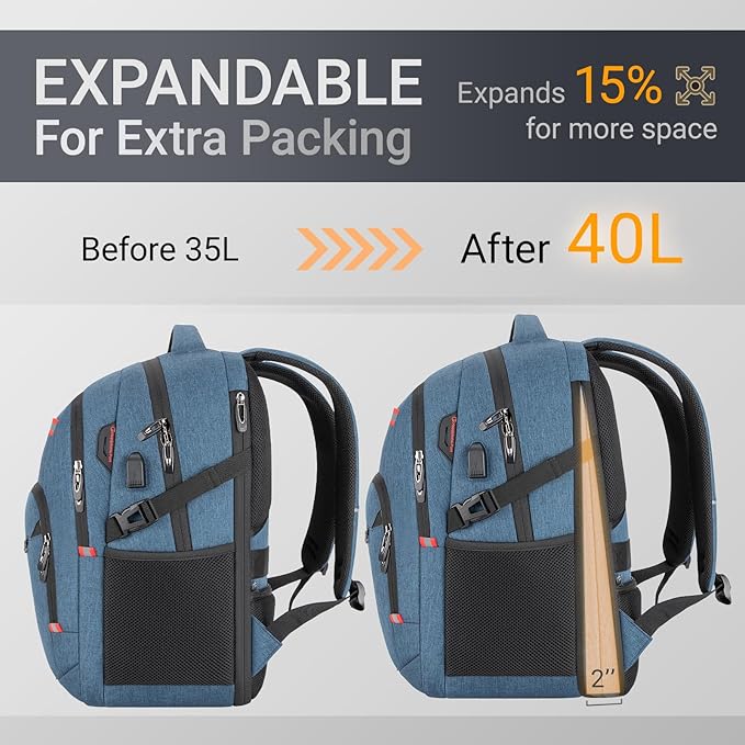 40L Expandable Laptop Backpack, Anti-thief Travel Backpack - Image 3