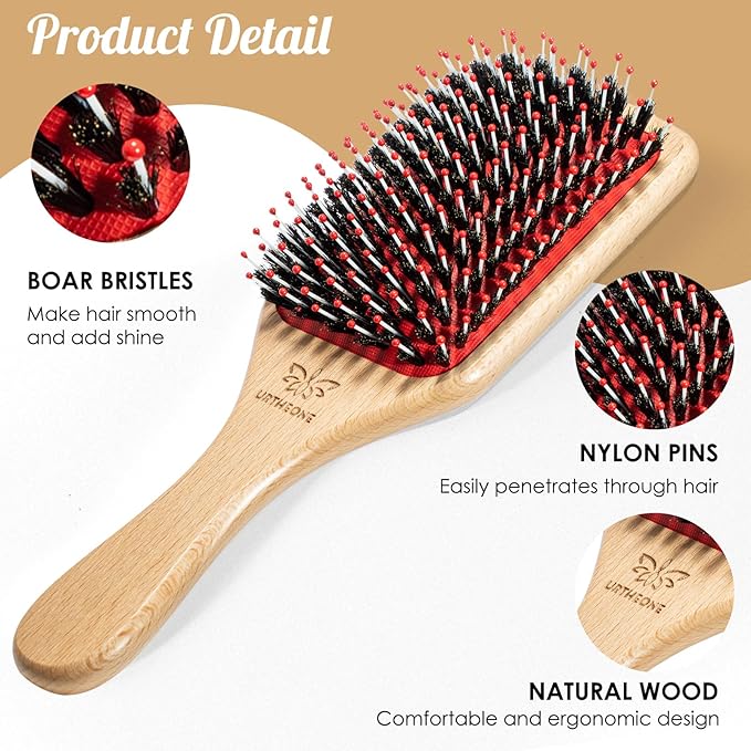 URTHEONE Hair Brush,Boar Bristle Hair Brushes and Hair Comb Set for Women Men Kids, Best Natural Wooden Paddle Hairbrush for Wet or Dry Hair