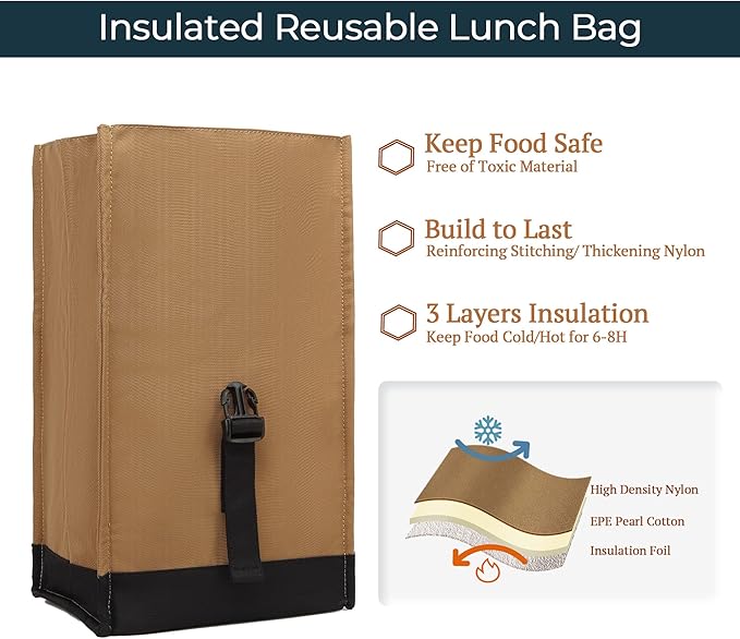 SUNNY BIRD Insulated Lunch Bag Rolltop Lunch Box Tote Bag - Image 5