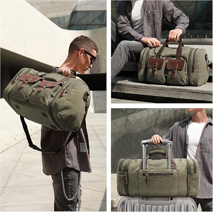 Wildroad 60L Travel Duffel Bag, Expandable Canvas Genuine Leather Duffle Bag - Image 2