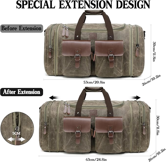 Waxed Canvas Duffle Bag for Men 50L Travel Duffel Bags Expandable Genuine - Image 2