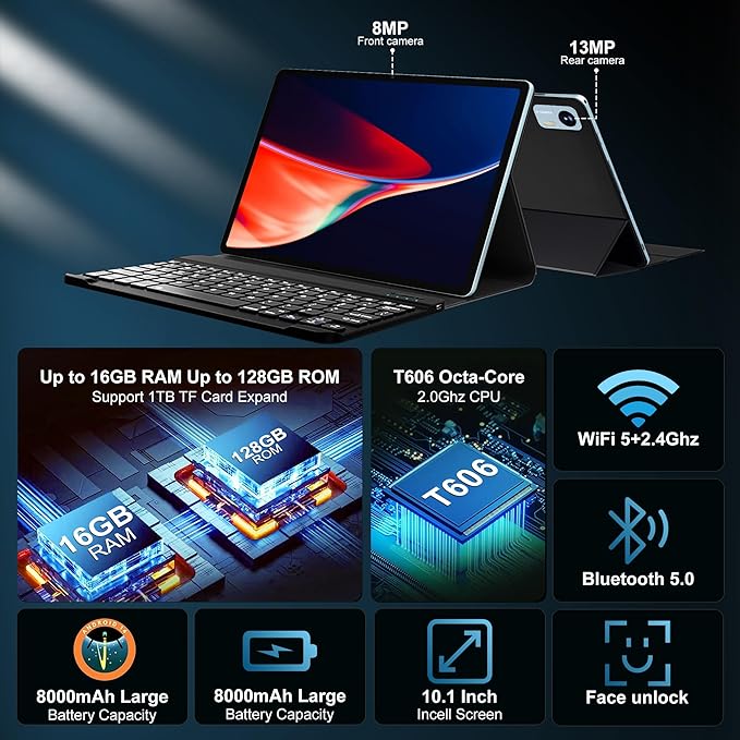 Android 14 Tablet with Keyboard，16GB RAM 128GB ROM 1TB Expand, 8000mAh Battery - Image 3