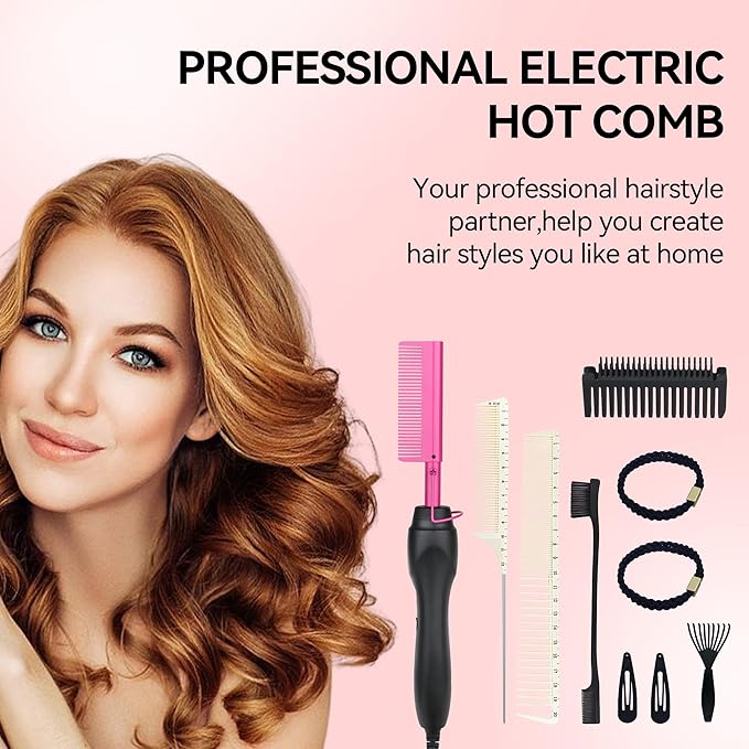 Electric Hot Comb Hair Straightener Heat Pressing Comb Curling Flat Iron Curler Hair Straightener Brush for Natural Black,Anti-Scald Beard Straightening Electric Press Comb (Purple-3-Gear)