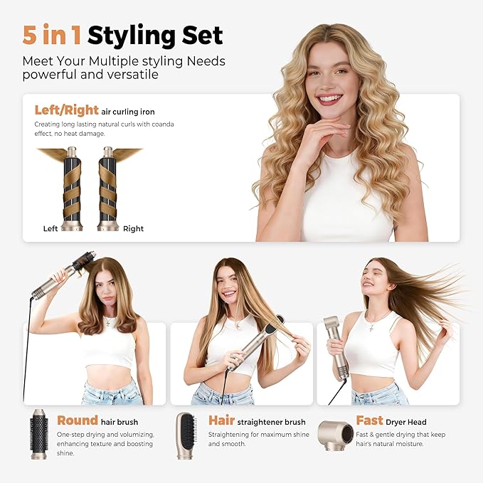 5 in 1 Hair Dryer Brush Set,Professional Negative Ionic Hot Air Styler, Air Curling Wrap Styler,Detachable Blow Dryer Brush With Auto Wrap Curlers,Hair Styling Tools For Straight/Curl/Drying/Smoothing