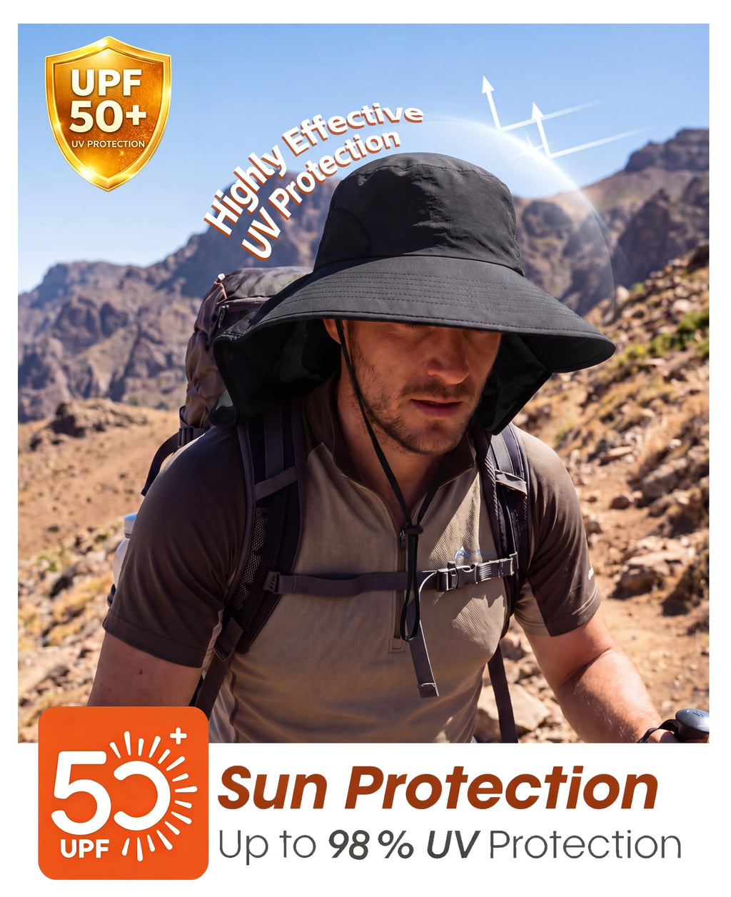 Outdoor UPF50+ Sun Hat Wide Brim Mesh Fishing Hat with Neck Flap (Large-X-Large / Black)