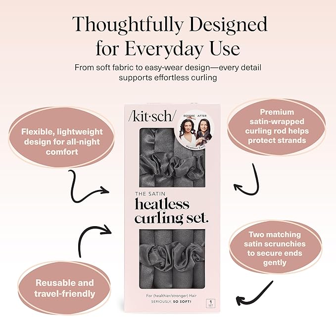 Kitsch Satin Heatless Curlers Set – Heatless Curls Overnight with 34" Hair Curler & 2 Satin Scrunchies – Comfortable Hair Curlers to Sleep In for Frizz-Free, No Heat Damage Styling - Charcoal