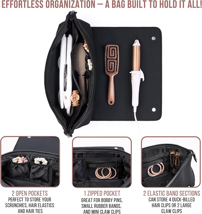 BAREFOOT CARIBOU Hair Tools Travel Bag and Heat Resistant Mat for Flat Irons, Straighteners, Curling Iron, and Haircare Accessories, 2-in-1 design, with Interior Pockets, Portable Organizer