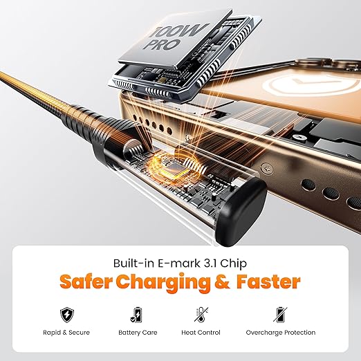 USB C Cable 100W Right Angle Fast Charging Cord, Nylon Braided USB 2.0 Cable - Image 6