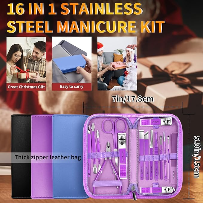 Manicure Set 16 In 1 Professional Stainless Steel Pedicure Kit Toenail Clippers - Image 6