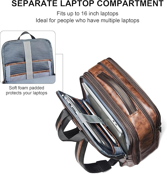 Vegan Leather Laptop Backpack for Women&Men, 16 Inch Expandable Backpack - Image 7