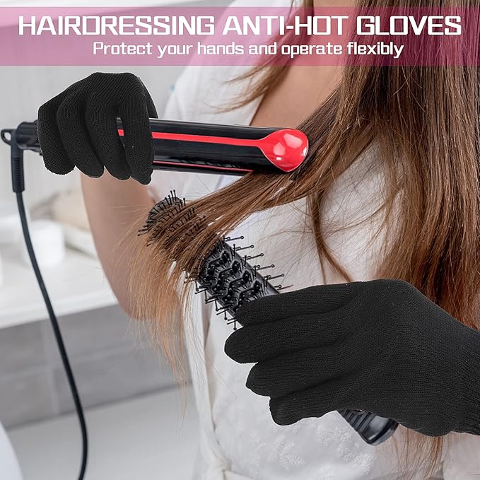 2 Pair Heat Resistant Gloves for Hair Styling Professional Hot Hand Gloves Heat Protection Flat Iron Gloves Pink Edge Heat Press Sublimation Gloves for Women Curling Wand Styling Tool