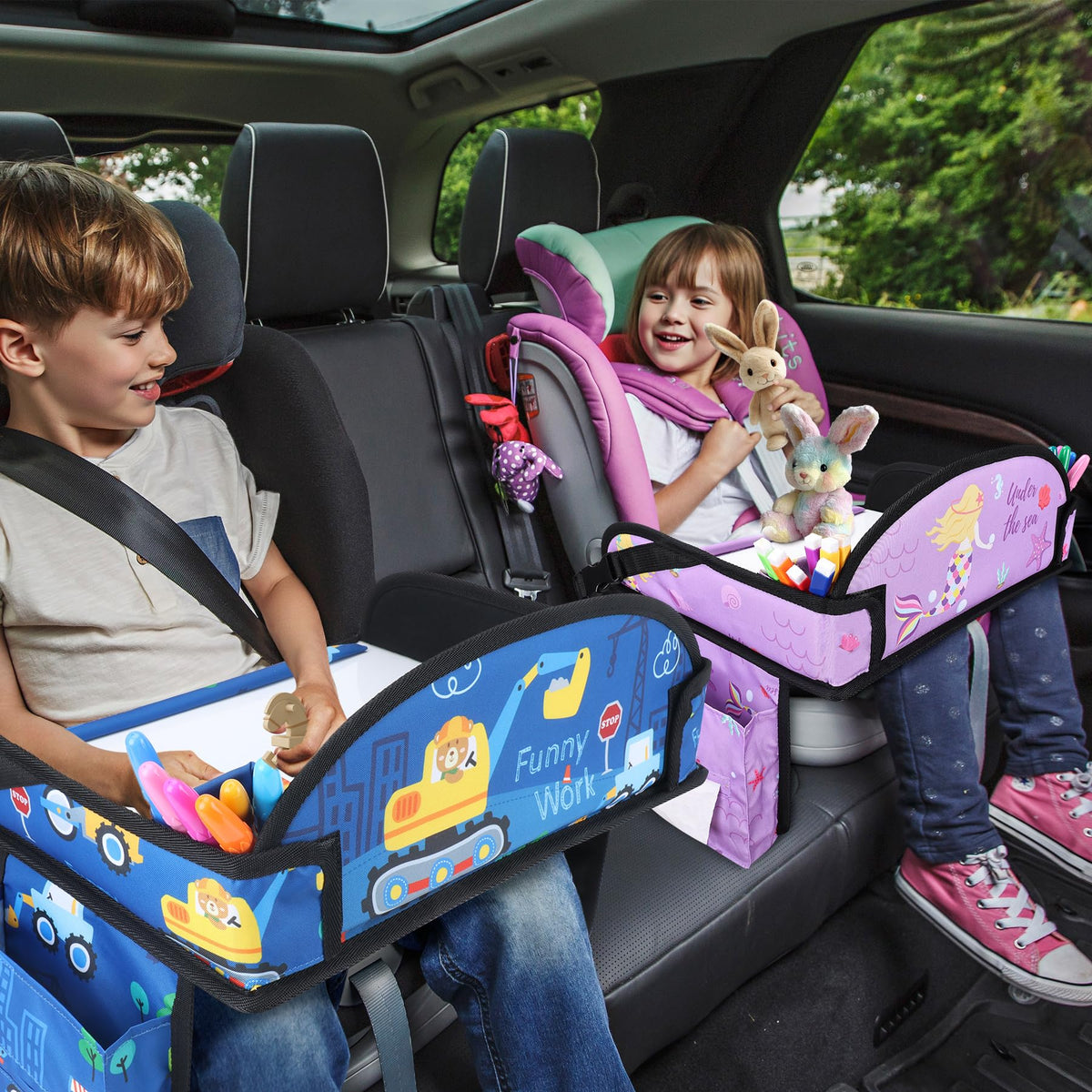 Kids Travel Tray for Toddler Car Seat (Dark Blue Car/Purple Mermaid--2PCS)