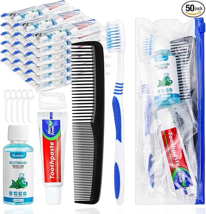 50 Set Travel Toothbrush Kit Bulk, Disposable Toothbrush by SLequipo