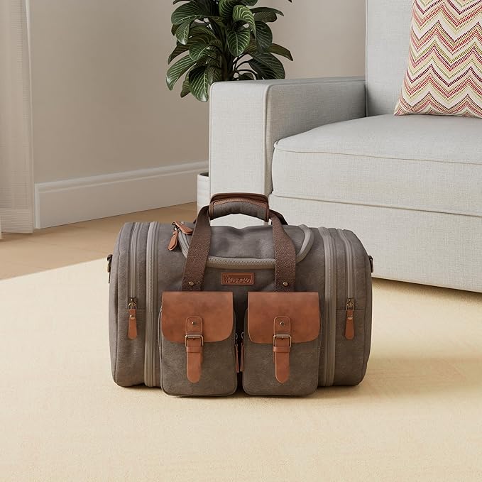 Wildroad 50L Travel Duffel Bag, Expandable Canvas Genuine Leather Duffle Bag - Image 2