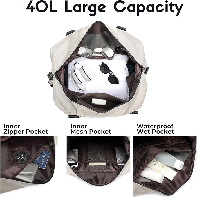 SUNNY BIRD Duffel with Utility Pouch, 40L Weekender Overnight Bag with Shoe - Image 6