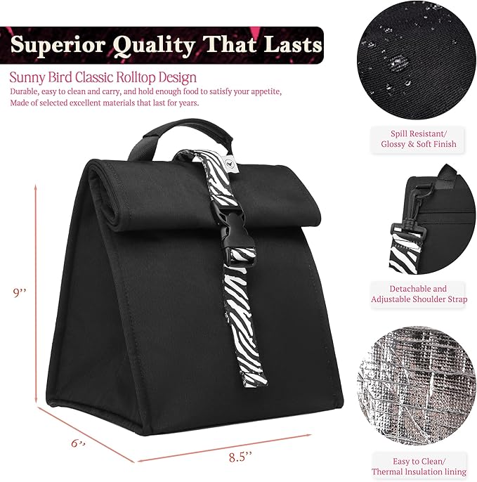 SUNNY BIRD Insulated Lunch Bag Rolltop Lunch Box Tote Bag - Image 4