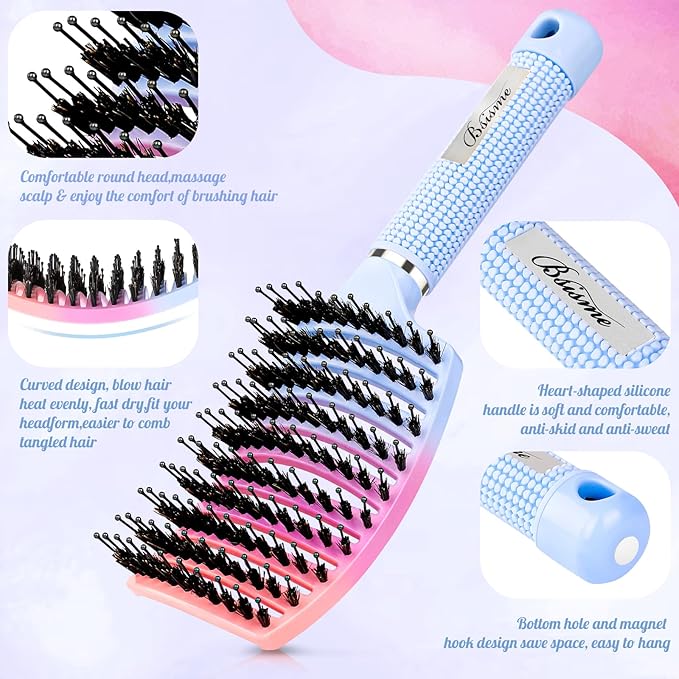 Boar Bristle Hair Brush, Curved Vented Detangler Brush Faster Blow Drying, Paddle Detangling Brush for Women Men Kids Wet Dry Long Curly Thick Straight Hair, Make Hair Shiny and Healthier(Purple+Blue)