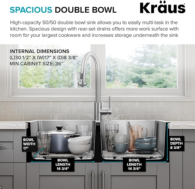 KRAUS Fairlane 33-inch Drop In/Top Mount Double Bowl 18-Gauge Stainless Steel - Image 9