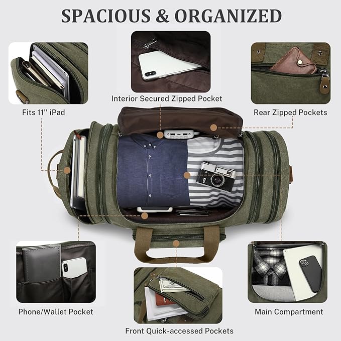 Gonex Canvas Duffle Bag 60L Travel Duffel Overnight Weekend Bag - Image 5
