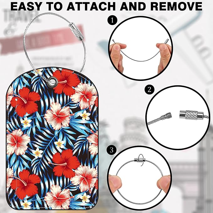 2 PCS Leather Luggage Tag for Suitcase Palm Leaves and Hibiscus Flower Travel - Image 4