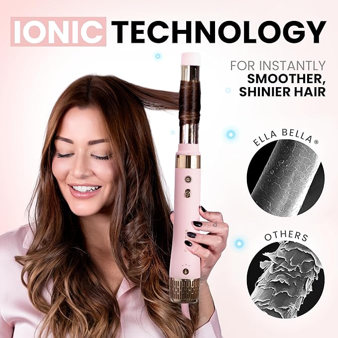 ELLA BELLA® 6 in 1 Professional Hot Air Styler • Powerful Hair Dryer & Straightener Set • Styling Without Heat Damage • Fast Drying Curling Volumizing Straightening • Protective Travel Case (Pink)