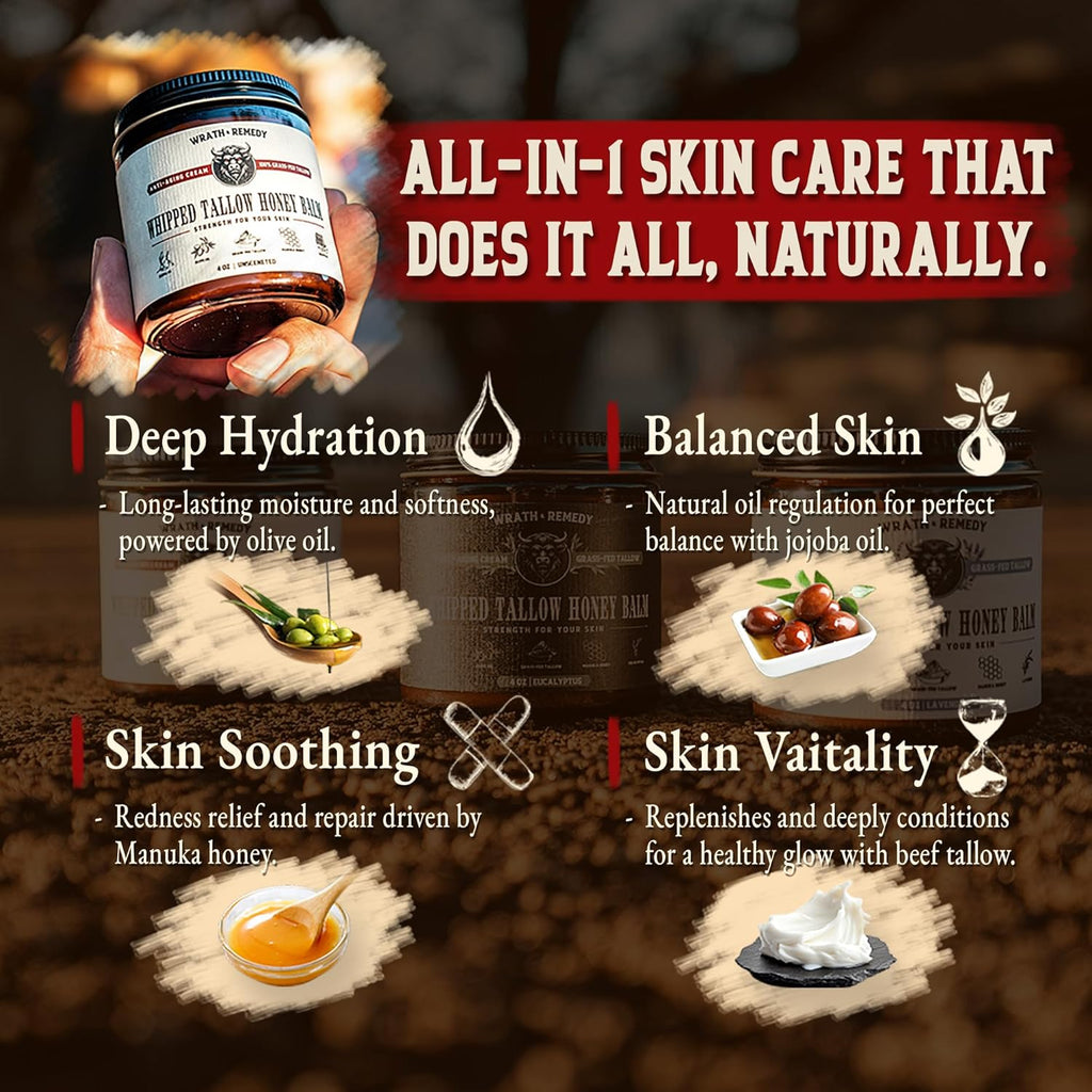 Organic Beef Tallow for Skin - 4 OZ (Citrus) — Grass Fed Beef Tallow for face + Body — US-Made Whipped Tallow and Honey Balm Moisturizer for Dry and Sensitive Skin, Eczema, Rosacea (No Additives)