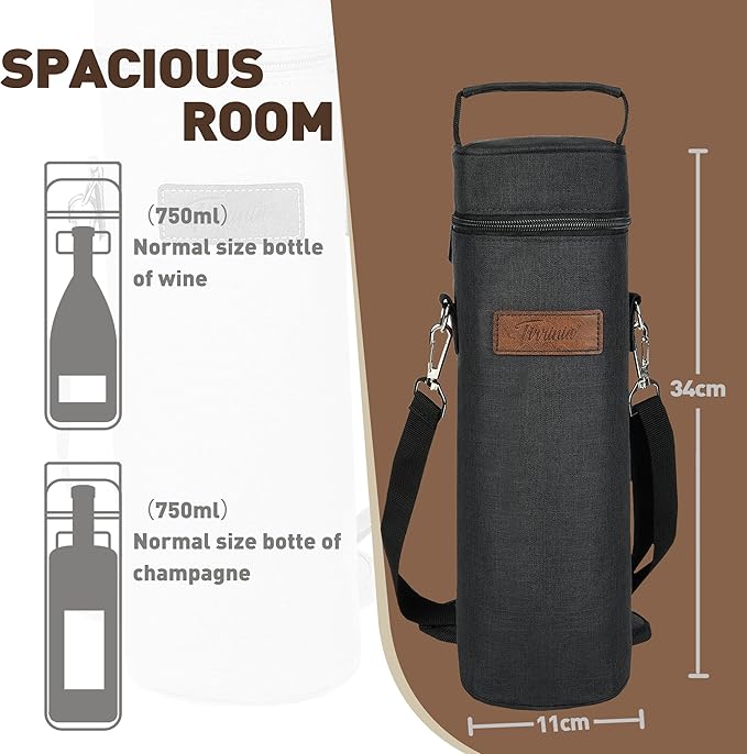 Tirrinia Single Bottle Wine Gift Carrier Bag, Insulated Travel Wine Cooler Tote - Image 3